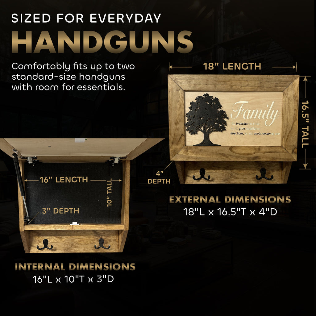 Family Tree Gun Safe Coat Rack - Handcrafted Wooden Gun Cabinets - Gun Shelf Hidden Storage for Rifles, Shotguns, & Handguns - Quick Access Wall Safe