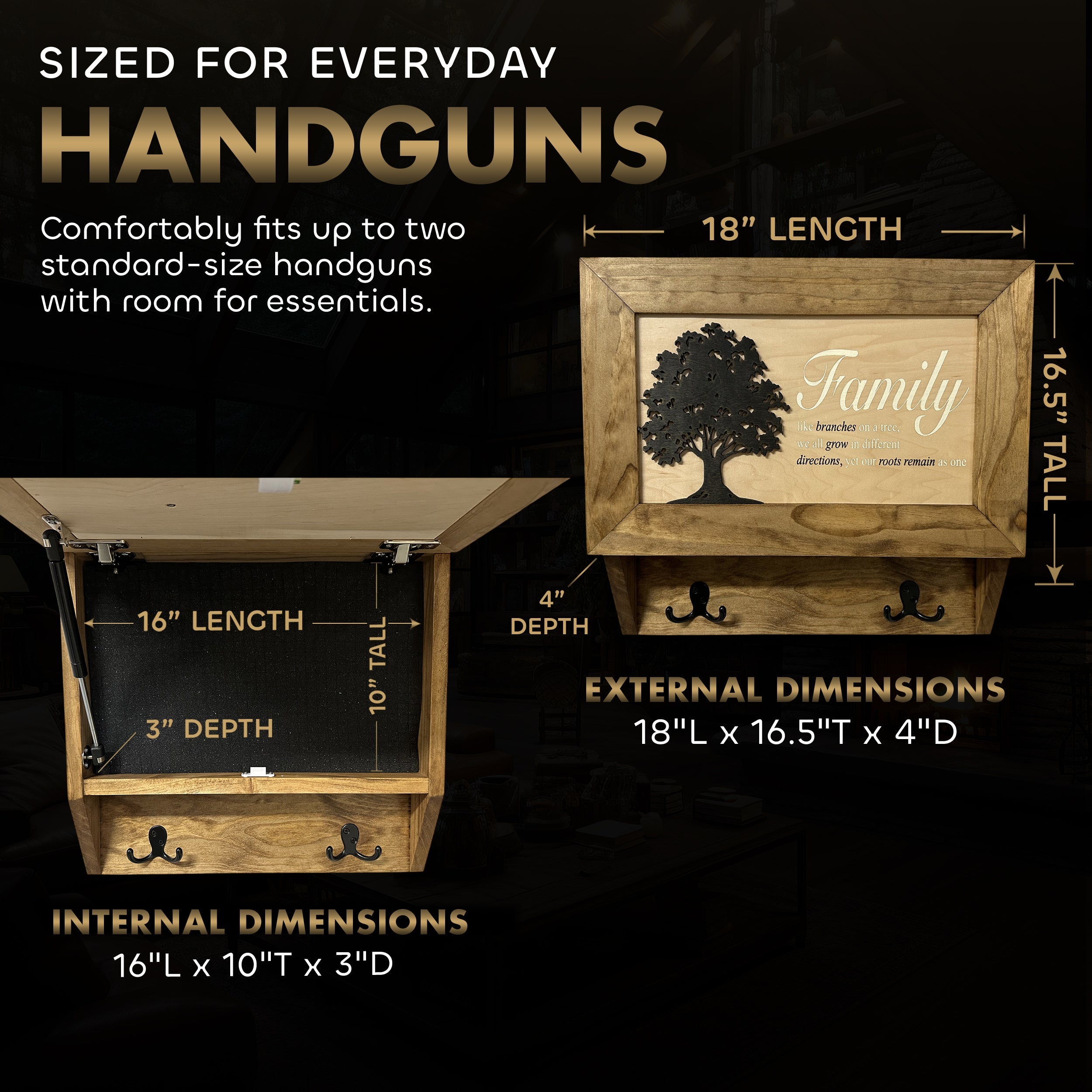 Family Tree Gun Safe Coat Rack - Handcrafted Wooden Gun Cabinets - Gun Shelf Hidden Storage for Rifles, Shotguns, & Handguns - Quick Access Wall Safe