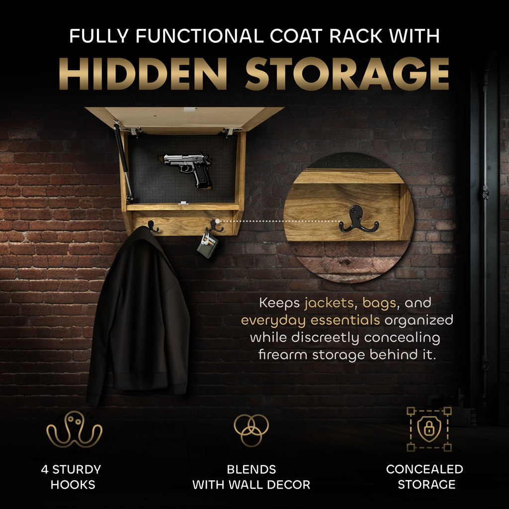 Family Tree Gun Safe Coat Rack - Handcrafted Wooden Gun Cabinets - Gun Shelf Hidden Storage for Rifles, Shotguns, & Handguns - Quick Access Wall Safe