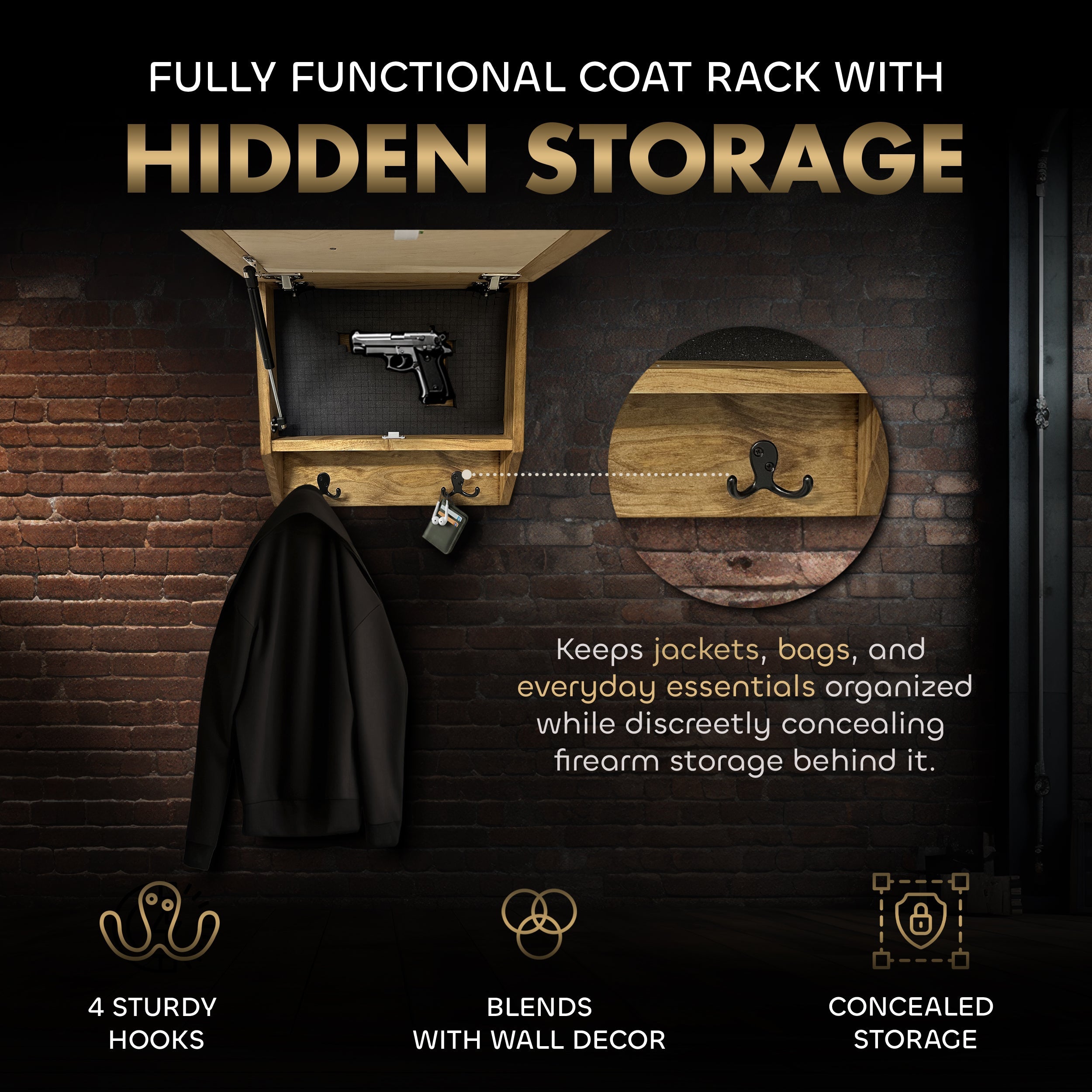 Family Tree Gun Safe Coat Rack - Handcrafted Wooden Gun Cabinets - Gun Shelf Hidden Storage for Rifles, Shotguns, & Handguns - Quick Access Wall Safe